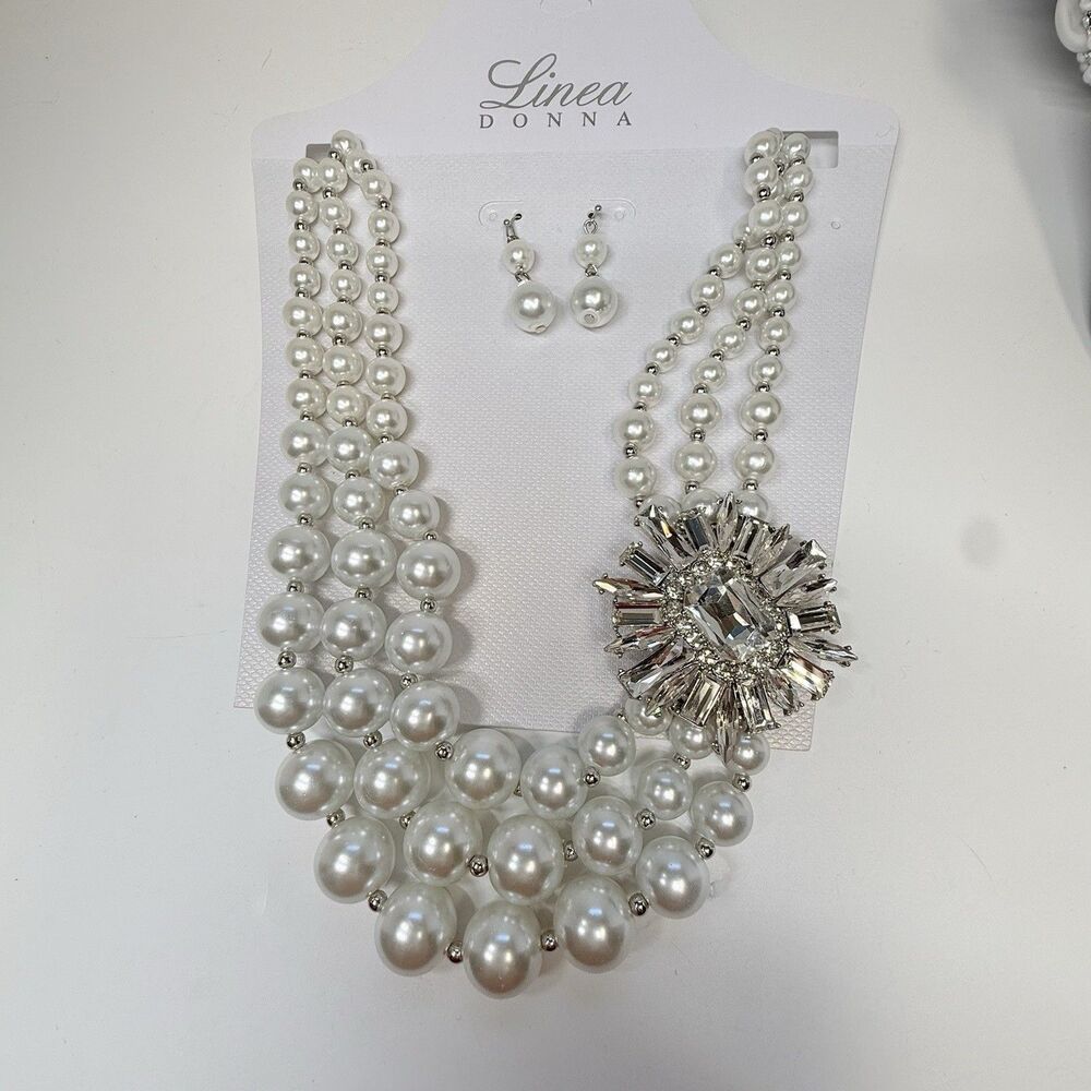 Linea Donna White Faux Pearl Rhinestone Necklace Earring Bracelet Set New - Picture 2 of 6